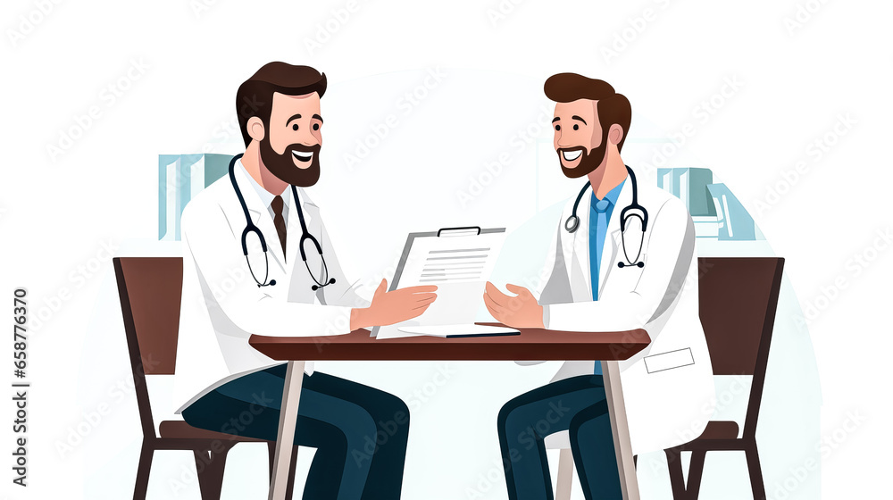 A doctor and patient are deep in conversation about health insurance in a medical office. A doctor and patient are deep in conversation about health insurance in a medical office.