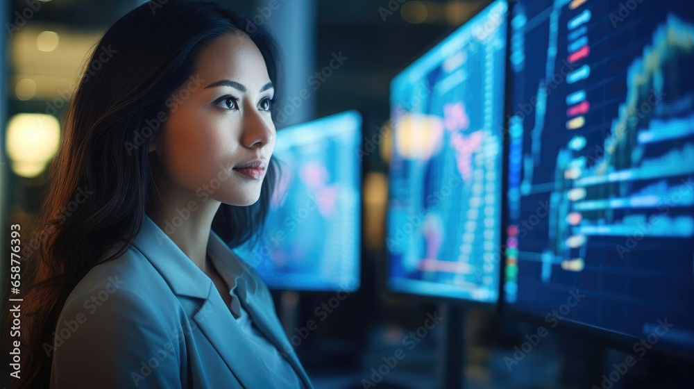 Portrait of a woman data analyst at a dynamic tech company diving into ...