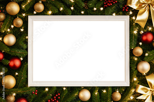 White horizontal blank frame with christmas toys background