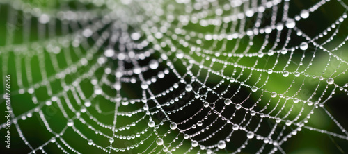 A close-up of morning dew glistening on a delicate spider web, highlighting the intricate water droplets and green background.