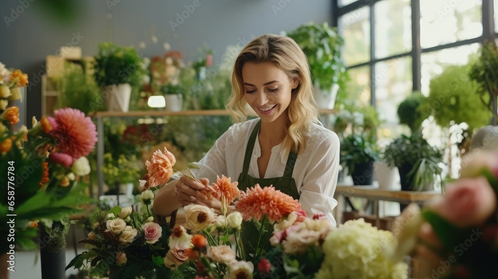 Portrait of a woman florist in a charming floral boutiquecrafting exquisite arrangements