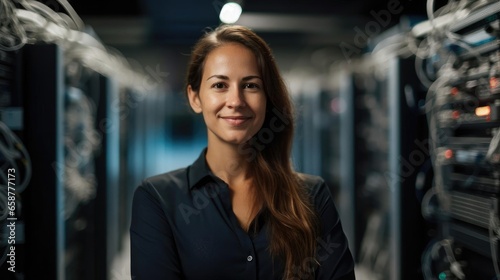 Portrait of a woman IT support specialist in a bustling IT department providing timely technical assistance