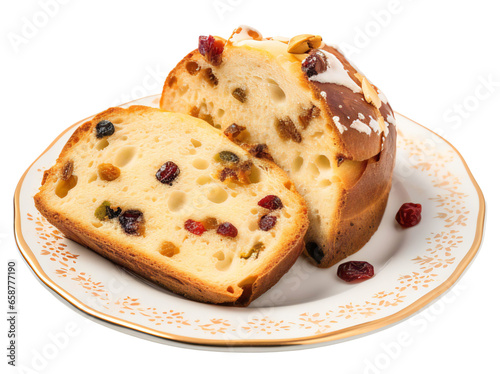 Cut Panettone with raisins on a beautiful plate, side view. Isolated on a transparent background.