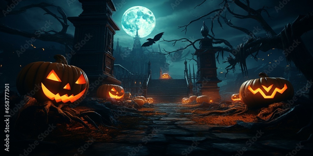 Fototapeta premium halloween night sceen scary haunted house pumkins jack-o-lanterns background cinematic