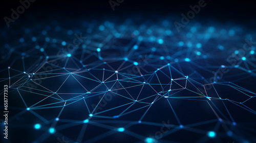 Abstract blue digital network with interconnected nodes and luminous points, technology background
