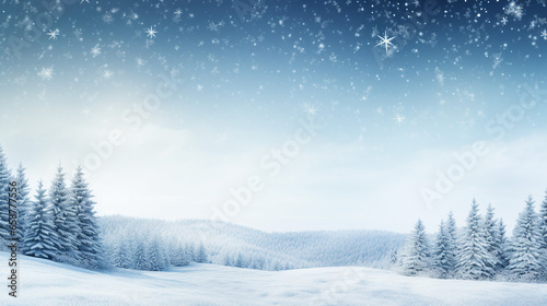 Serene winter forest blanketed in snow under a sky filled with snowflakes © Artyom