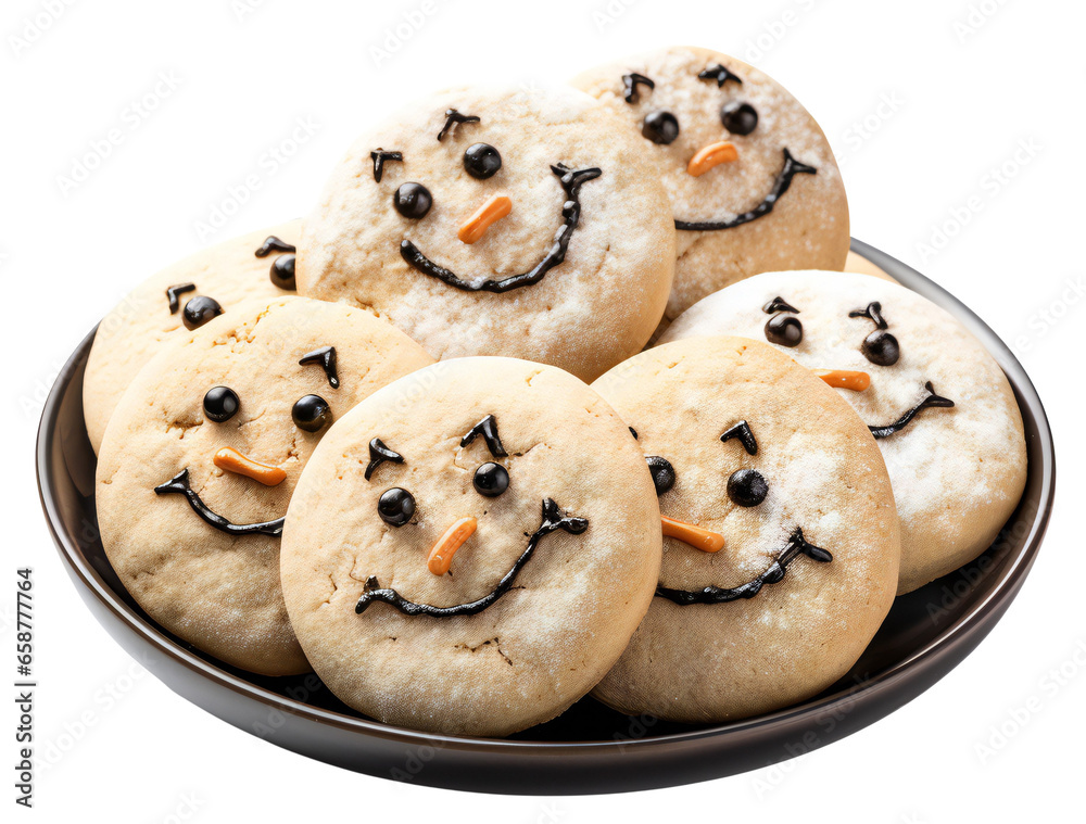 Gingerbread snowmen. Christmas cookies in the shape of a snowman's head in a plate. A bunch of cookies. Isolated on a transparent background.
