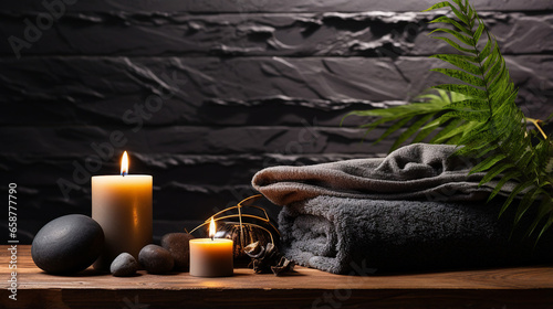 Tranquil spa scene featuring lit candles  polished stones  and tropical leaves against a dark backdrop