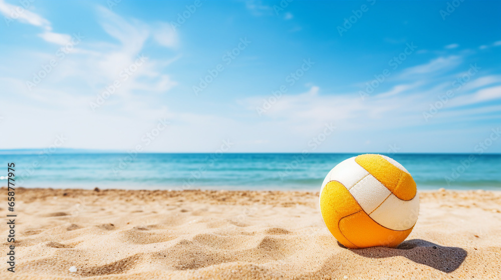 A vibrant multicolored soccer ball on a sunlit beach with the calm ocean waves in the background