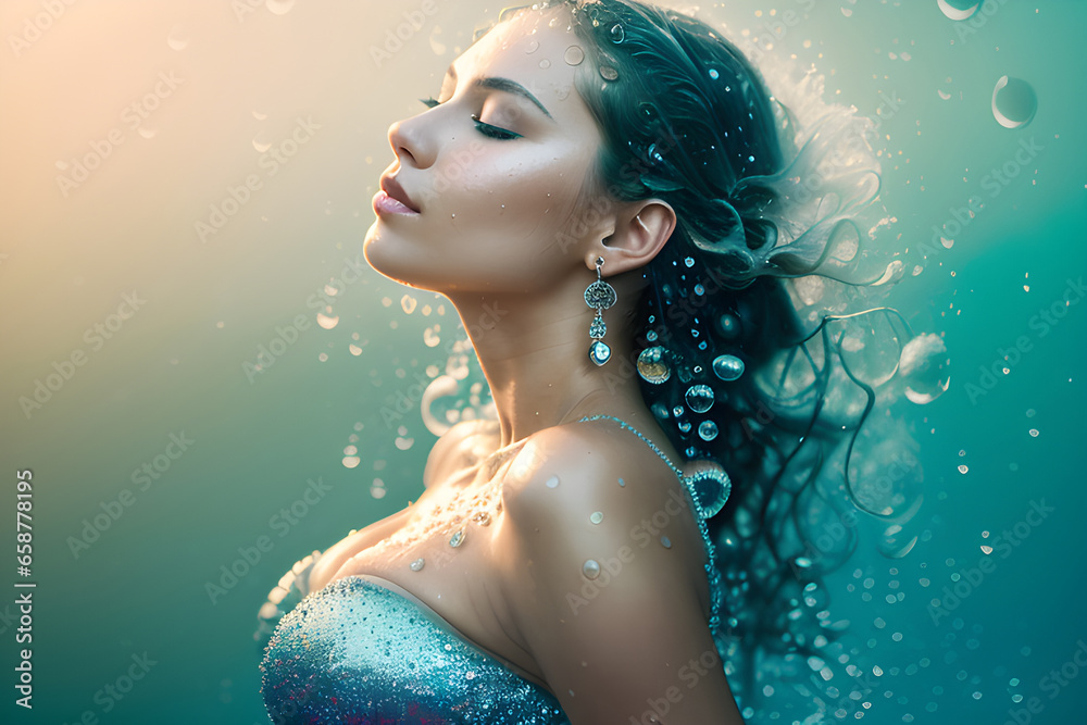 Beautiful mermaid swimming in the water. An elegantly dressed woman with long hair surrounded by water bubbles