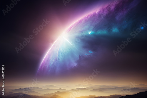 Futuristic fantasy landscape with abstract planet on the sky. Fairy-tale colors in an unknown galaxy