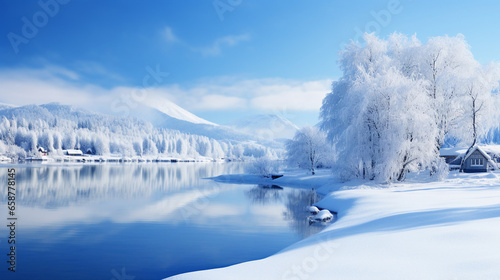 A breathtaking winter landscape showcasing frozen trees reflected on a tranquil river, epitomizing serene beauty © Artyom