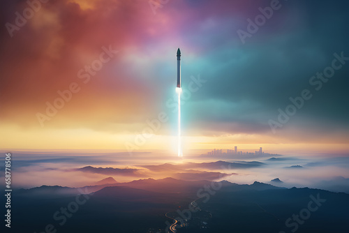 Rocket taking off from the ground towards space against the background of colorful clouds and sunrise