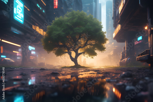 Tree grows in the middle of an abandoned future city