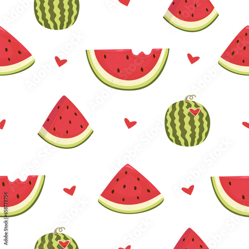 Juicy and ripe watermelon seamless pattern, color vector illustration in red and green shades