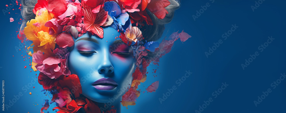 Abstract surreal portrait of model with tropical flowers on dark blue texture. Banner. Abstract surreal portrait of model with tropical flowers on dark blue texture. Banner.