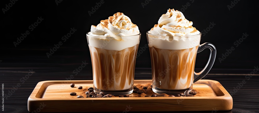 Trendy homemade beverage menu featuring Dalgona coffee and fluffy cream on a wooden tray popular on social media With copyspace for text - obrazy, fototapety, plakaty 