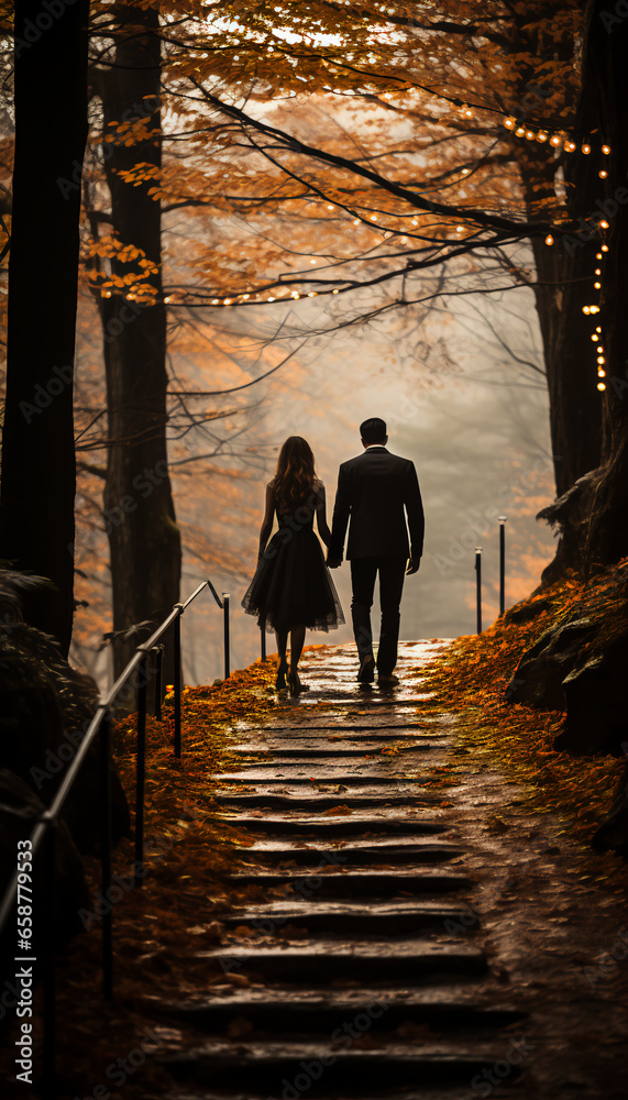 Fototapeta premium Mountain wedding - fall - autumn - cobblestone path - peak leaves 