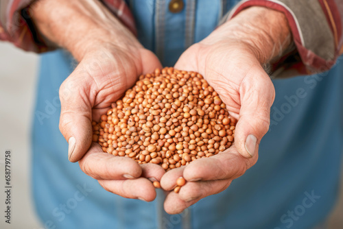 A Farmer's Hand Tenderly Holds a Handful of Organic Lentils, Showcasing Nature's Bounty and the Essence of Healthy, Vegetarian Living.