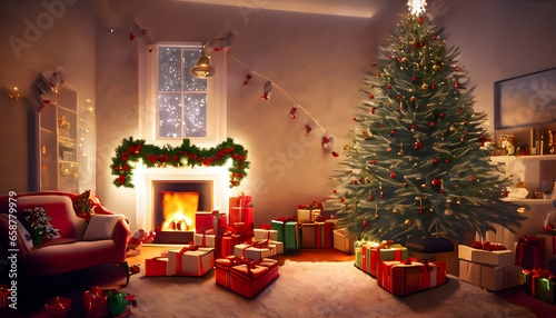 the cozy and festive ambiance of a beautifully decorated living room with a glowing Christmas tree  wrapped presents  and a warm fireplace  shot using a wide-angle lens during the peaceful evening  ev