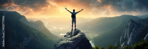 Winning and sport concept, Male Hiker celebrating success on top of a mountain 