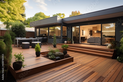 Obraz na plátně The renovation of a modern home extension in Melbourne includes the addition of a deck, patio, and courtyard area
