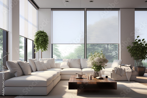 Interior roller blinds are installed in the living room, featuring white colored roller shades on the windows. Within the same room, there are also a houseplant and a sofa present. To add to the photo