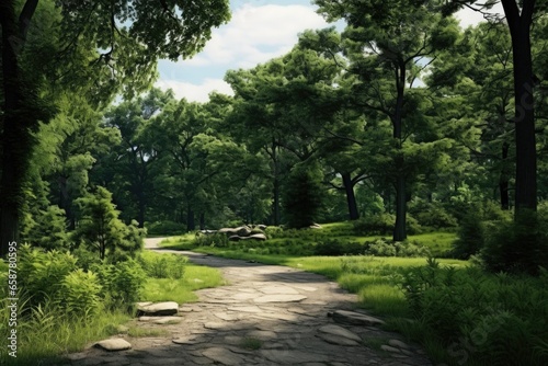 A picture of a stone path winding through a vibrant and dense green forest. This image can be used to represent nature, tranquility, hiking, and outdoor adventures.
