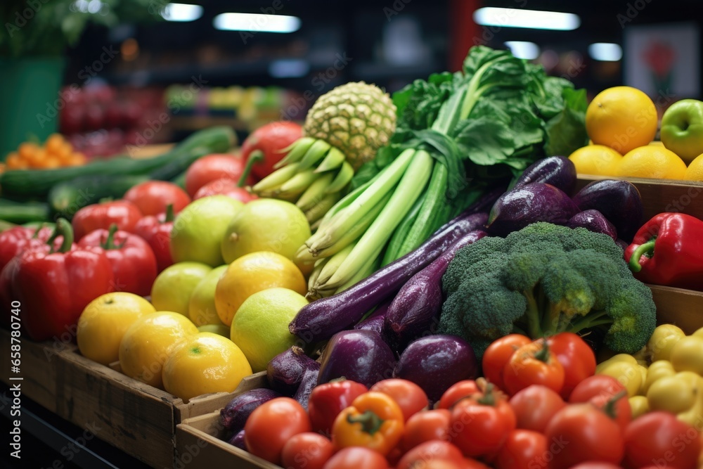 A vibrant assortment of fruits and vegetables on display. This image can be used to showcase the variety and freshness of produce.
