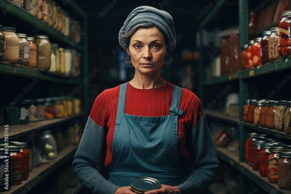 A woman standing in a store holding a jar. This image can be used to represent shopping, retail, or household items.