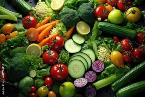 A large pile of fresh vegetables and fruits. Suitable for various culinary and healthy lifestyle concepts.