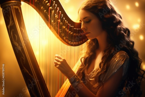 A woman gracefully plays a harp while dressed in an elegant gold gown. This image can be used to depict elegance, music, and beauty.