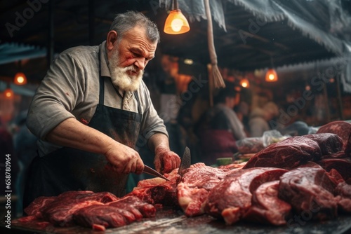 A man is seen cutting up meat on a table. This image can be used to depict food preparation or cooking activities.