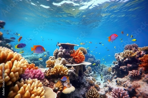 A vibrant and diverse coral reef teeming with various types of fish. This image captures the beauty and complexity of marine life. Perfect for educational materials or travel brochures promoting scuba