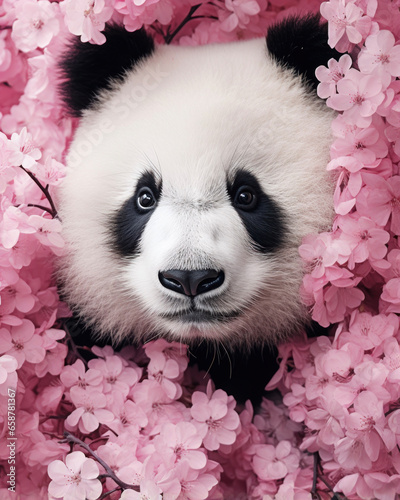 Photorealistic image of a panda bear framed by pink flowers