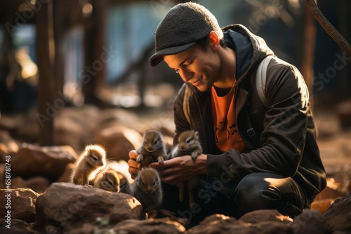 A volunteer at an ethical wildlife sanctuary caring for rescued animals, emphasizing the importance of animal welfare and conservation