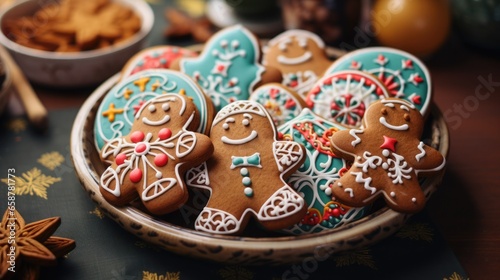 Christmas homemade gingerbread cookies with icing. Gingerbread men, houses, snowflakes are decorated with pastel glaze. New Year's winter treat.