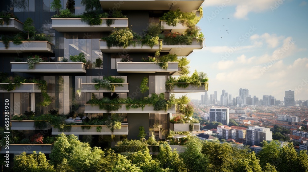 An urban oasis, showcasing a vertical garden on the fa? section ade of a modern apartment building, transforming the cityscape