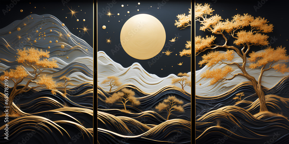 Set of three abstract creative landscape at night artwork. Mountains and golden trees at night. Modern canvas art with golden forest on on white mountains. Mural wallpaper landscape .  - obrazy, fototapety, plakaty 