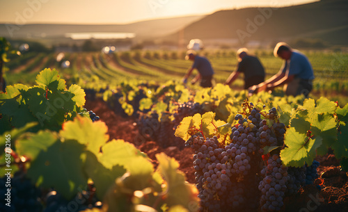 Workers harvesting grapes, a bounty of nature's finest, ready to craft the essence of exquisite wine.