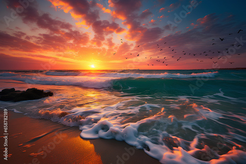 Ocean sunrise over beach shore and waves. The sun is rising up over sea horizon photo