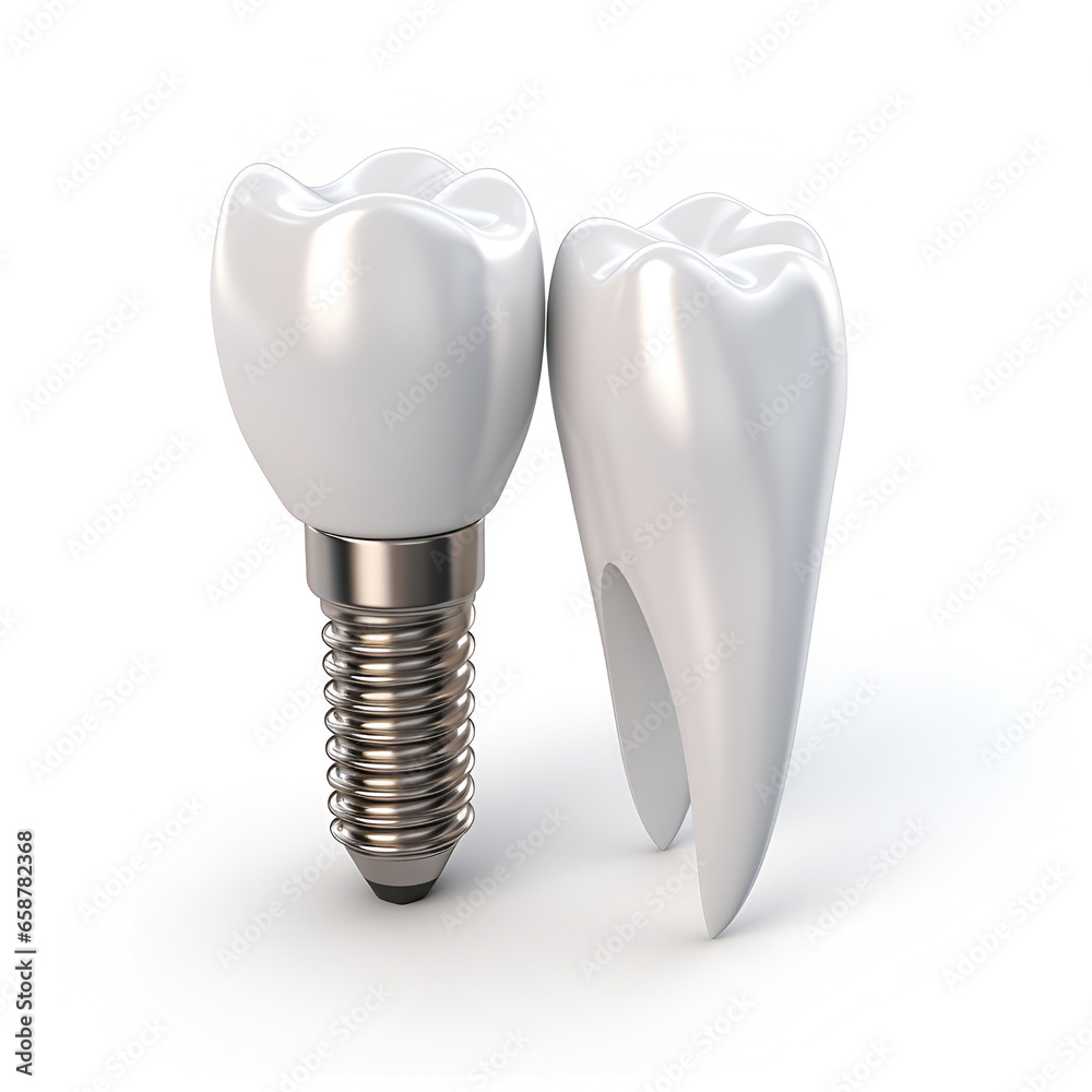 Dental tooth implant with a metal fin is isolated on a white background. concept of prosthetics and implantation in dentistry. Dental tooth implant with a metal fin is isolated on a white background. concept of prosthetics and implantation in dentistry.