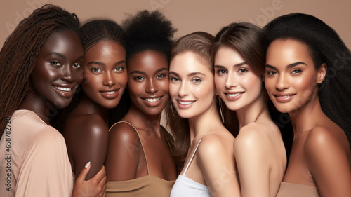 group of black and white female friends making selfie, looking at camera over the white background 