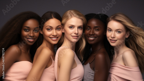 group of friends making selfie, looking at camera over the white background 
