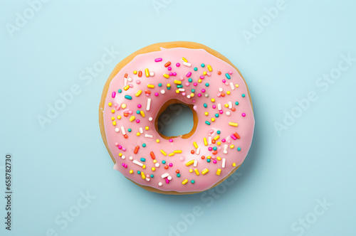 Minimalistic pink donut with icing top view. Barbicore photo