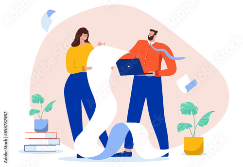 Employment contract - People reading large and long business document while standing. Flat design cartoon style vector illustration with white background