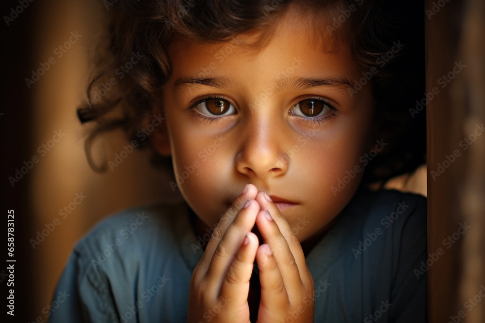 Portrait of a little girl praying in the dark.  - obrazy, fototapety, plakaty 