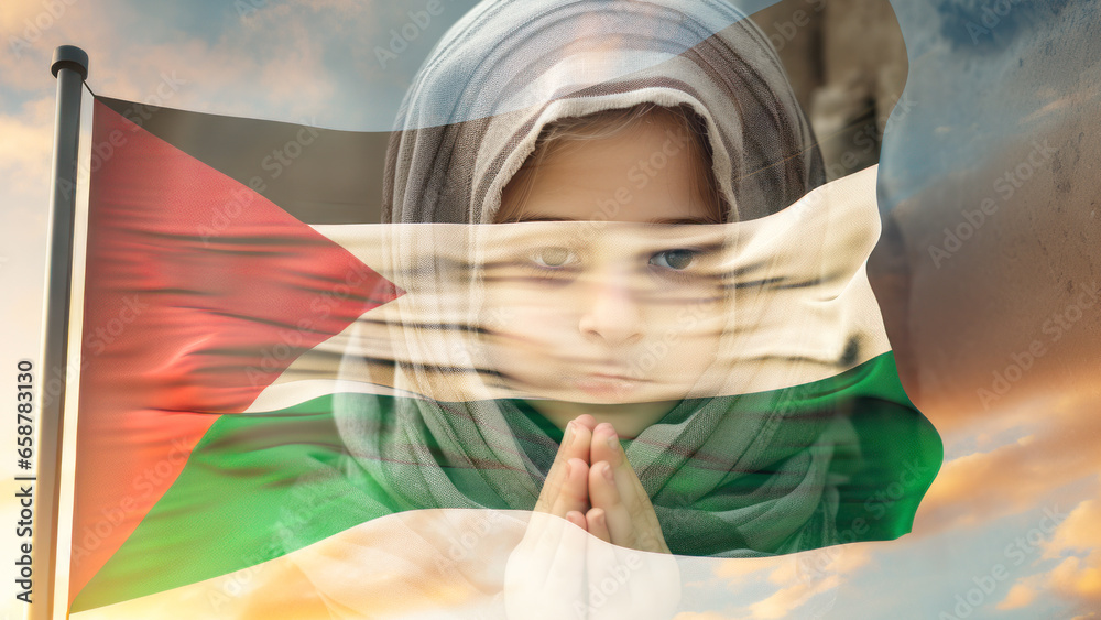 Pray for Palestine. Girl praying with Palestine flag behind her on the