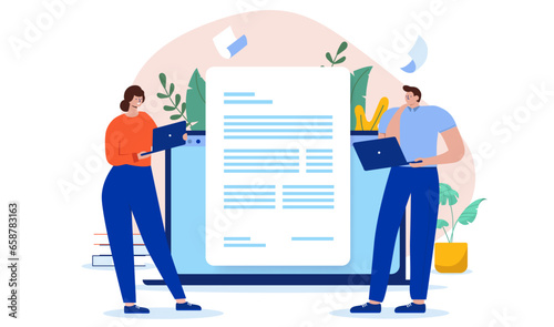 People reading digital text document - Two characters with laptop computer working and looking at abstract text on paper coming out of laptop screen. Flat design vector illustration