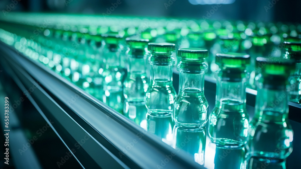 Small Green Glass Bottles on Conveyor Belt in Medicine Factory, Clear glass, Mockup - Generative AI